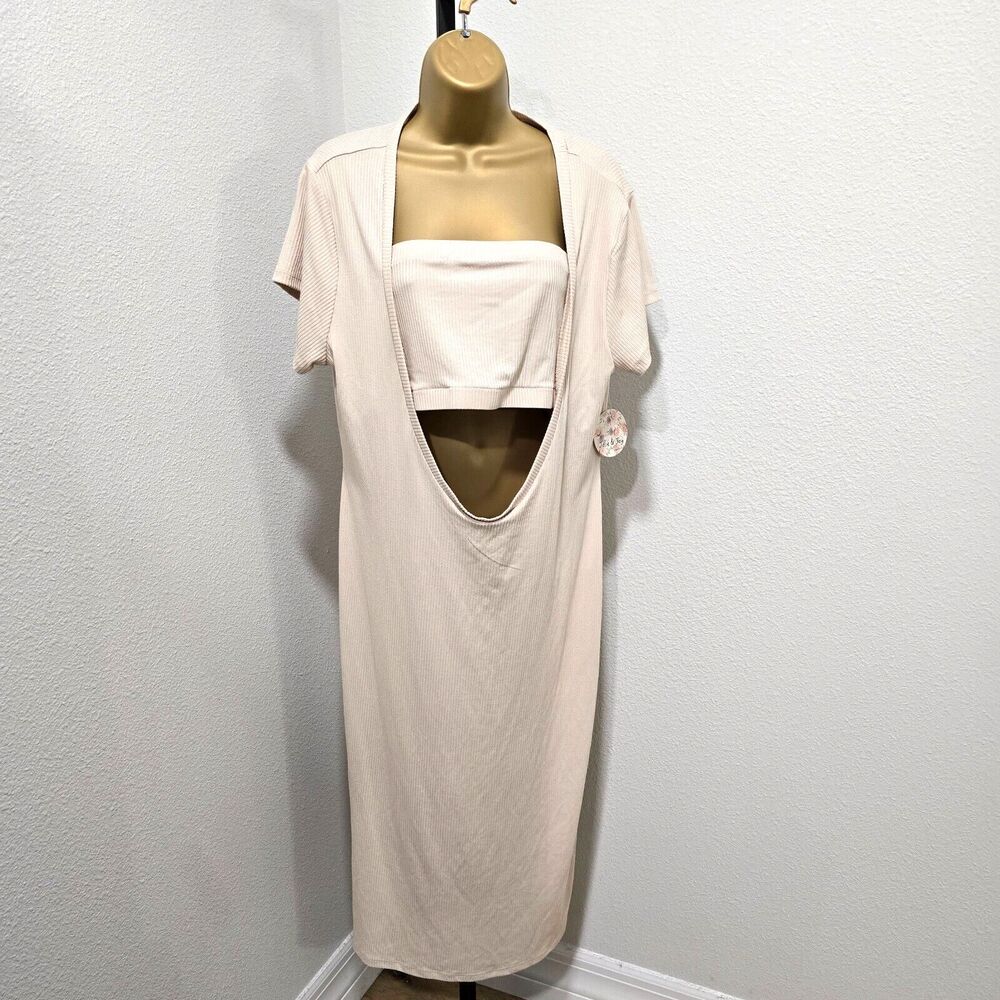 NWT 2 Piece Dress 3X Beige Midi Ribbed Stretch Summer Vacay Cruise Festival